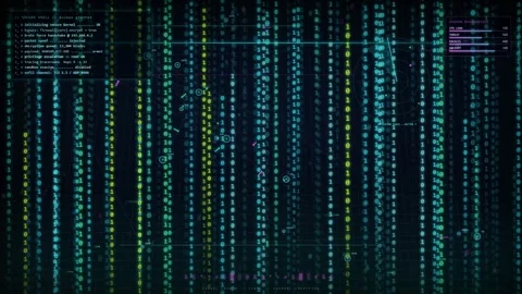 Digital binary code rain falling on a dark screen representing big data and Stock Footage 346202401