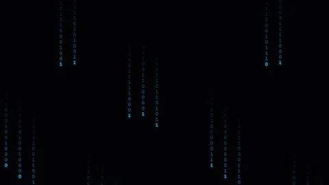 Digital binary code raining down in glowing blue on a dark black background Stock Footage 339618761