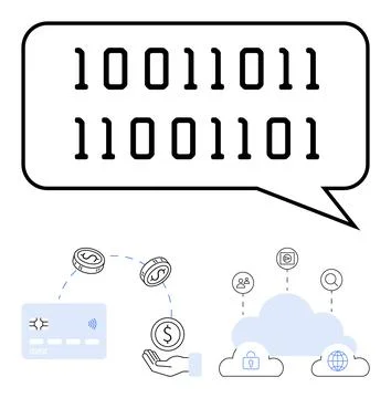 Digital Binary Code in Speech Bubble with Online Payment and Cloud Services 库存插图