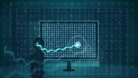 Digital binary code stream flowing into a computer monitor representing data 動画素材 343151630
