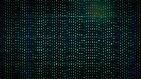 Digital binary code stream flowing vertically on a dark screen with glitchy Stock Footage 346207777
