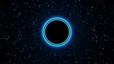 Digital binary code stream flowing into glowing circular portal on dark bac.. Видео 347995637