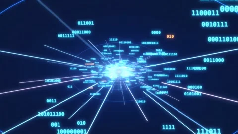 Digital binary code stream flowing through a circular network interface data Stock Footage 348190245