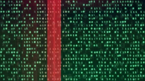 Digital binary code stream with green matrix background and red scanning data Stock Footage 343156357