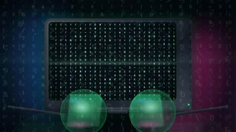 Digital binary code streaming on a futuristic screen with glowing green spheres Stock-Footage 343161378