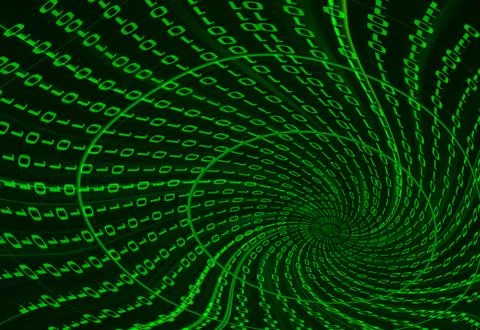 Digital binary data tunnel and binary code streaming on the black background. Stock Illustration