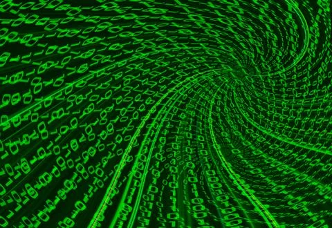 Digital binary data tunnel and binary code streaming on the black background. Stock Illustration