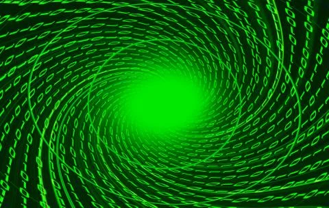 Digital binary data tunnel and binary code streaming on the black background. Ilustración de archivo