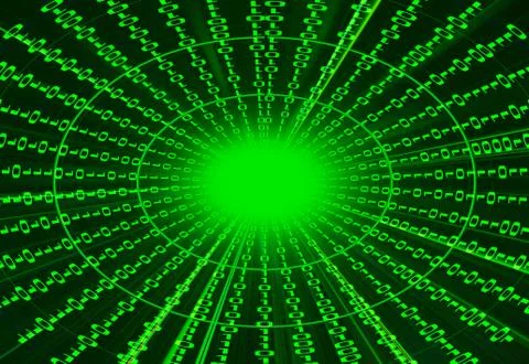 Digital binary data tunnel and binary code streaming on the black background. Ilustración de archivo