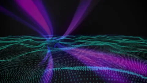Digital binary grid waves undulating while sending rising purple light beams in Stock Footage 309094193
