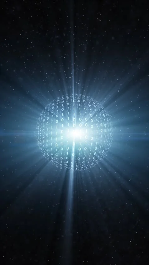 Digital binary numbers 3d sphere with rays of light vertical loop rotation Stock Footage 345683697