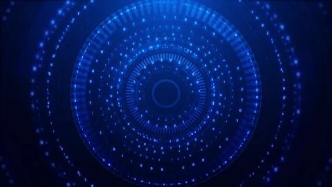 Digital binary ring interface visual with blue glowing numbers, circular tunnel Stock Footage 340550319