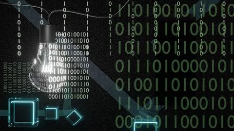 Digital binary symbolism and glowing lightbulb. 3d render Stock Illustration