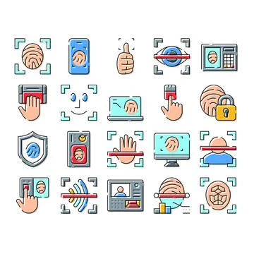Digital biometric security system identification and access icons set 스톡 일러스트