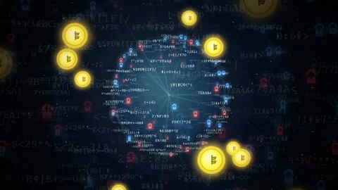 Digital Bitcoin coins floating over a complex network of binary code and data Video stock 343156485