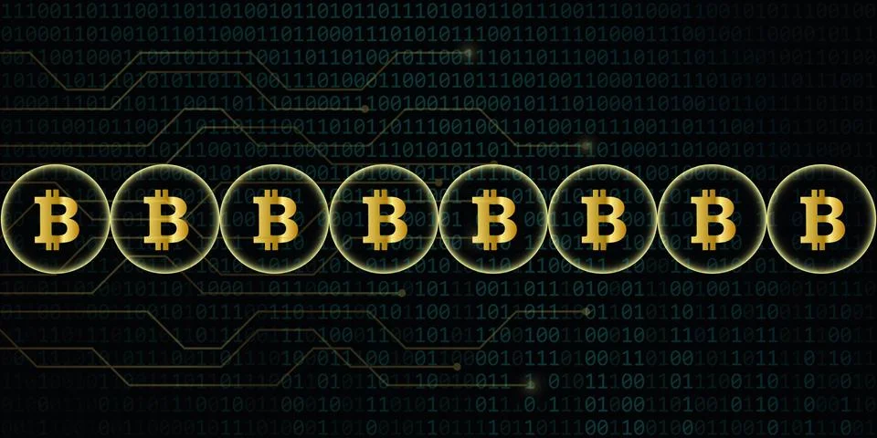Digital bitcoin network crypto currency with binary code background Illustrazione stock