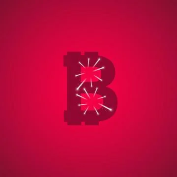 Digital bitcoins symbol with light effect and firework on pink backgraund. Illustrazione stock