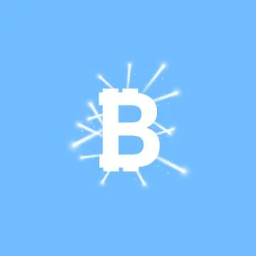Digital bitcoins symbol with light effect and firework on blue backgraund. Stock Illustration