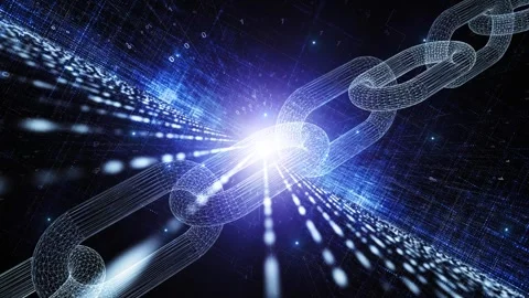 Digital blockchain chain on dark blue cyberspace network Stock Footage 341158544