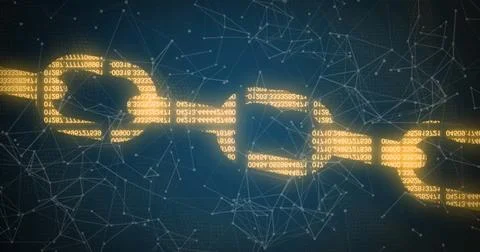 Digital blockchain chain with glowing binary code and connected network nodes Stock Photos