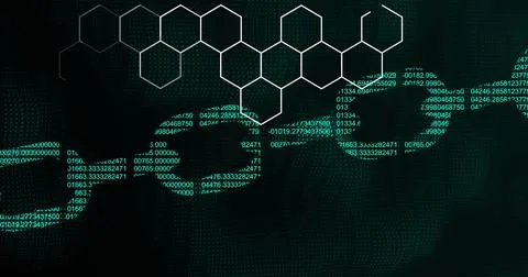 Digital blockchain network with hexagonal pattern and binary code overlay Stock Photos