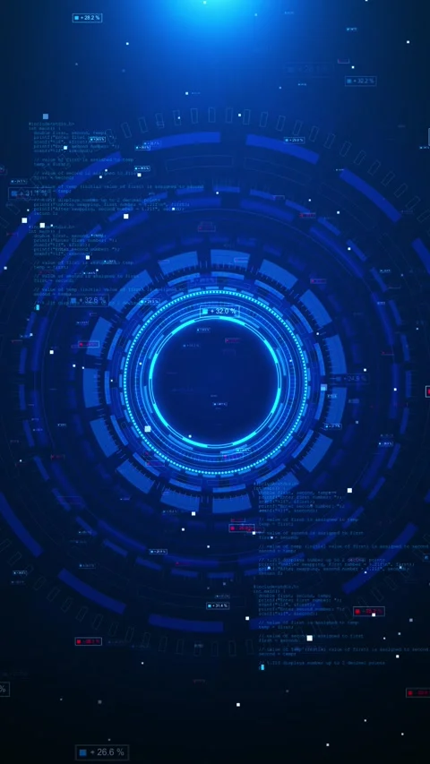 Digital blue analytics backdrop hologram rings, programming metric labels Stock Footage 334100694