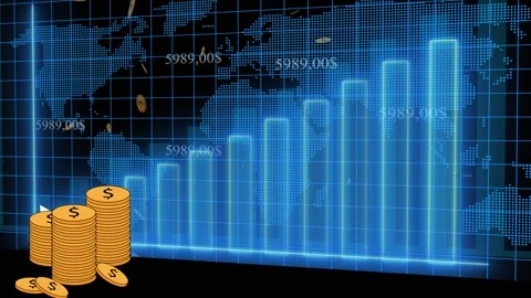 Digital Blue Bar Graph World Map and Stacked Gold Coins with Financial Data.. Stock Footage 321590859