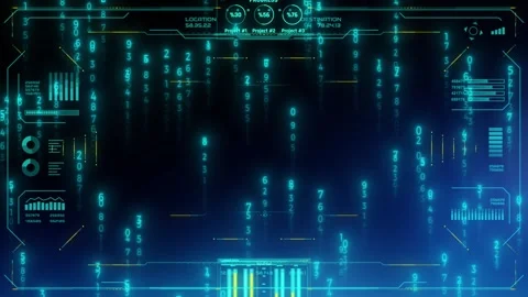 Digital blue binary code streaming down a futuristic HUD interface with data Stock Footage 346362652