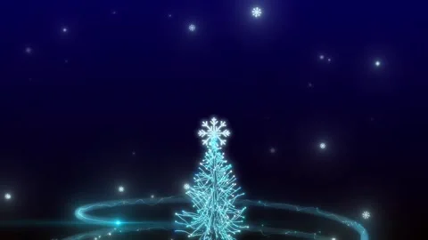 Digital Blue Christmas Tree Wireframe Animation with Snowfall Stock Footage 320289473