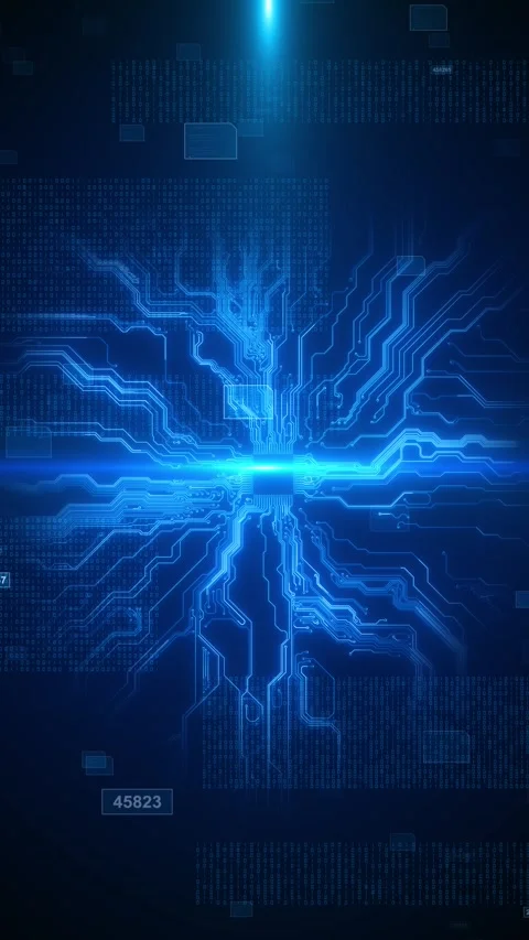 Digital blue circuit backdrop luminous pathways, processor style layout, center Stock Footage 334106566