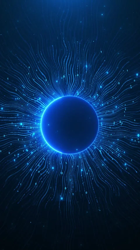 Digital blue code energy sphere luminous ring, binary streams, futuristic data Stock Footage 340084185