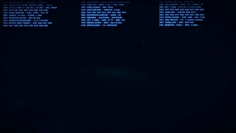Digital blue computer code scrolling on a dark background for technology and Stock Footage 336778410