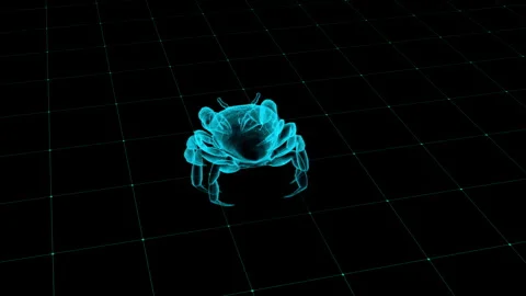 Digital Blue Crab Shining on a Black Grid in Futuristic Virtual Environment 库存影片 343863563