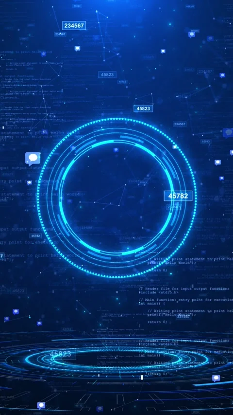 Digital blue dashboard backdrop hologram rings, code layers, message icons Stock Footage 334100249