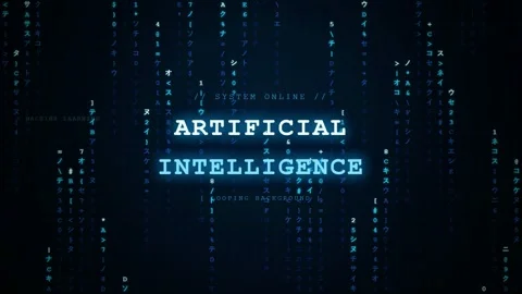 Digital blue data stream background with artificial intelligence text and 動画素材 345765639