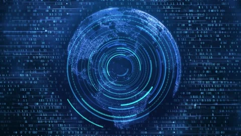 Digital Blue Earth Globe with Rotating HUD Rings and Binary Code Background Stock Footage 337880436