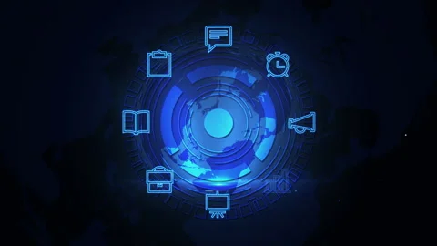 Digital Blue Globe with Icons and Geometric Patterns in a Futuristic Techno.. Vídeos de archivo 339113783