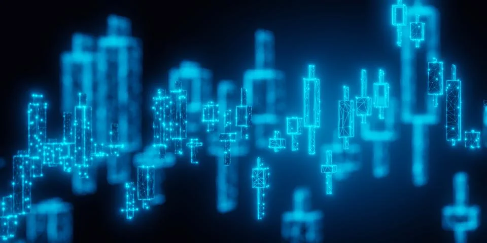 Digital blue glowing wireframe candlestick stock chart background, selectiv.. Illustrazione stock