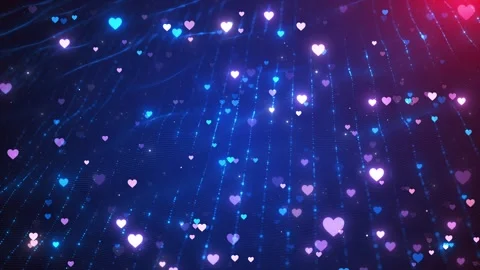 Digital blue heart particles background glowing pink cyan love shapes, tech grid Stock Footage 340415550