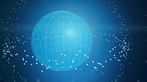 Digital blue holographic globe with rotating data particles and binary code for Stockbeeldmateriaal 341820484