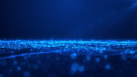 Digital blue horizon wave visual with luminous particle field, smooth mesh surfa Stock Footage 340553257