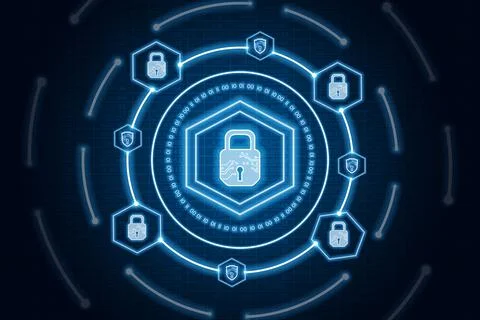 Digital blue lock icon interface with circle binary numders and shield. Stock Photos
