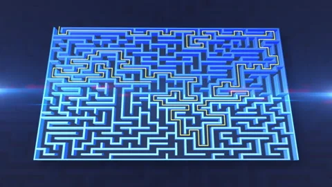 Digital Blue Maze Solving Animation with Glowing Yellow Path Stock Footage 347823773