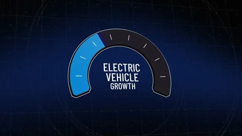Digital blue meter tracking electric vehicle growth on dark grid, gauge risin Stockbeeldmateriaal 328552240