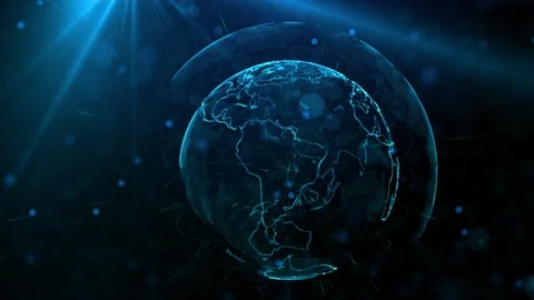 Digital blue planet of Earth. 3D animation with digital Earth and particles. Stock Footage 206697177