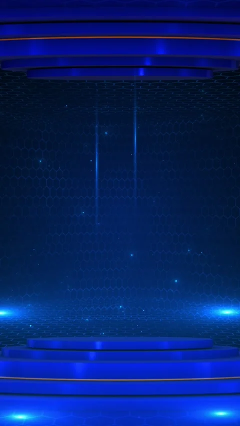 Digital blue podium virtual set circular platforms, glowing hex pattern, cinemat Stock Footage 340409991