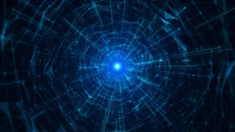 Digital blue portal network visual radiant center, polygon lines, particles, abs Stock Footage 340564621