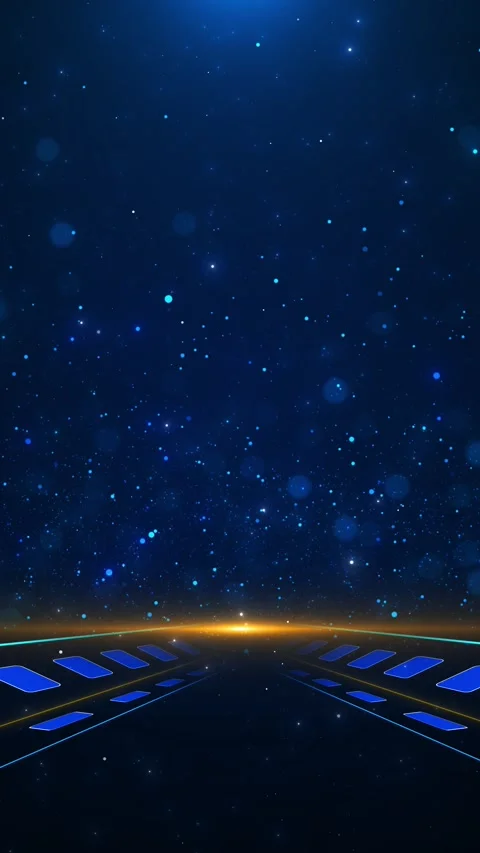 Digital blue road stage visual glowing side lines, floating particles, geometric Stock Footage 340469284