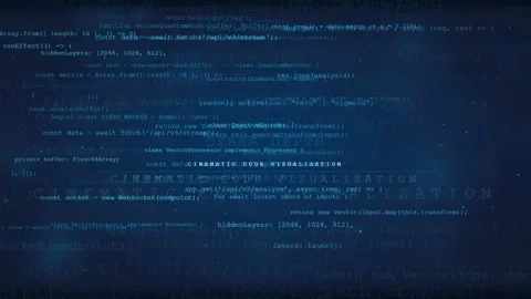 Digital blue screen with scrolling computer code and cyber depth text for Stock Footage 336775550