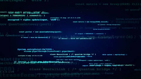 Digital blue screen with scrolling computer code and data processing for Stock Footage 336779031